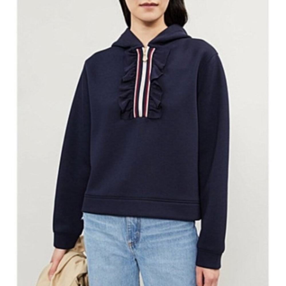 Sandro Paris Navy Hooded Sweater with Ruffle Detail